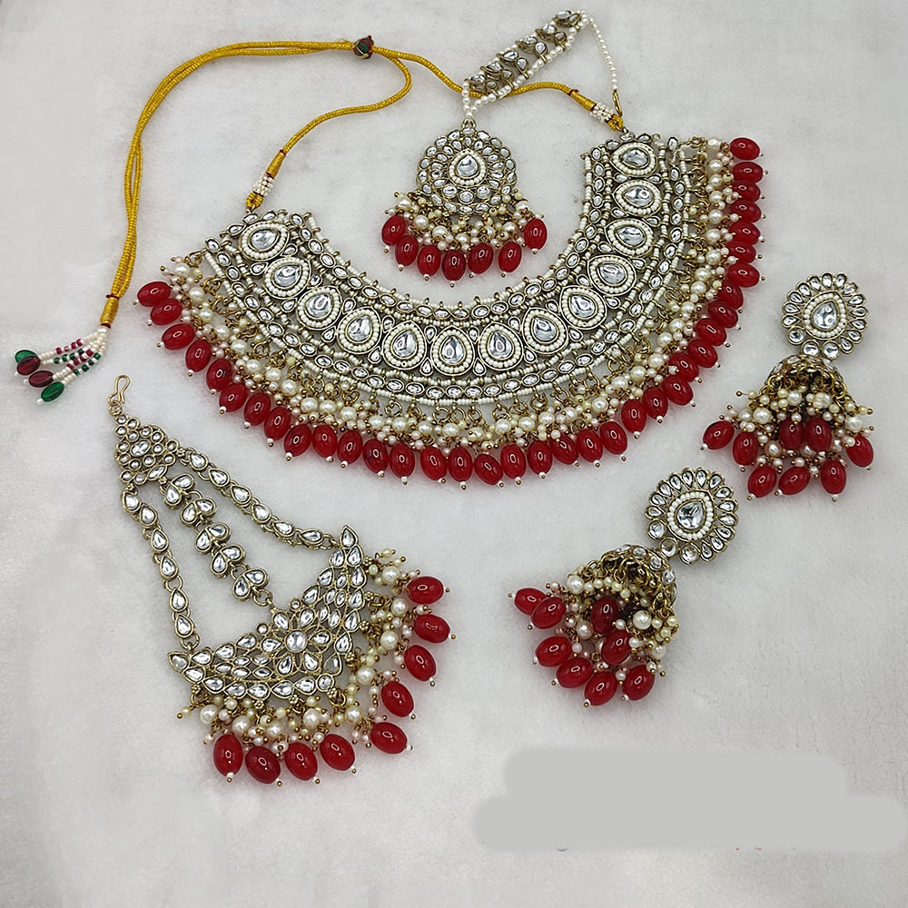 JewelMaze Gold Plated Kundan Stone And Pearls Choker Necklace Set - 10573590WH