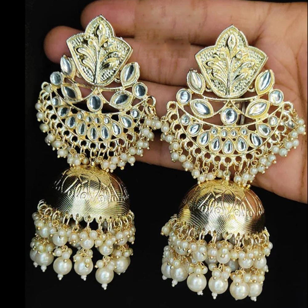 JewelMaze Gold Plated Kundan Stone And Pearls Jhumki - 10573596WH