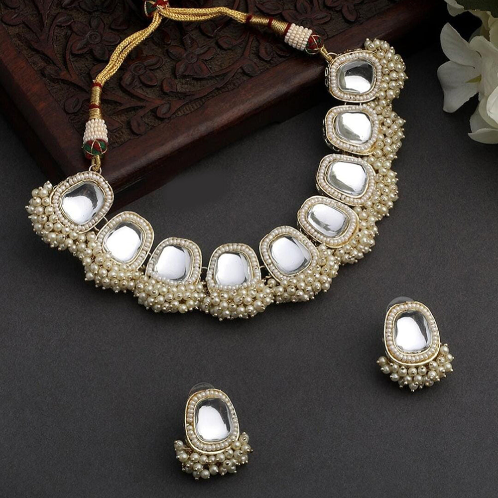 JewelMaze Gold Plated Kundan Stone And Pearls Choker Necklace Set - 10573597WH