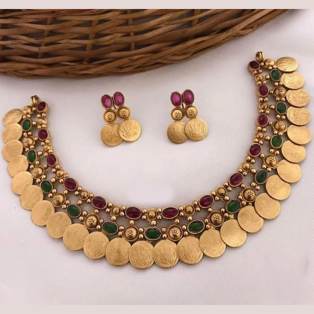JewelMaze Gold Plated Pota Stone And Temple Choker Necklace Set - 10573598DP