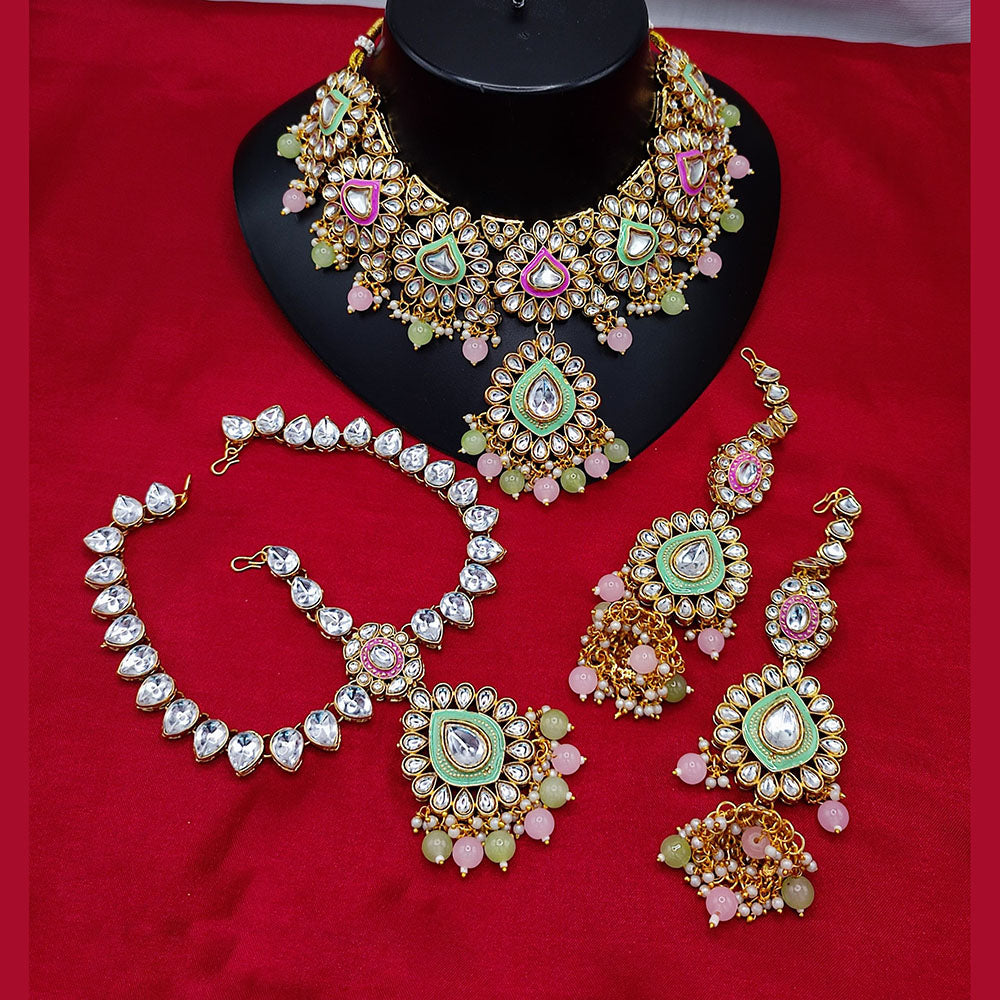 JewelMaze Gold Plated Austrian Stone Pearls Choker Meenakari Necklace Set - 10573601GR