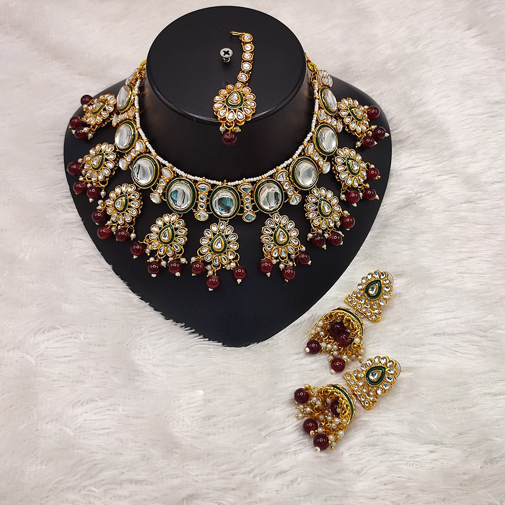 JewelMaze Gold Plated Kundan Stone And Beads Choker Necklace Set - 10573613GR