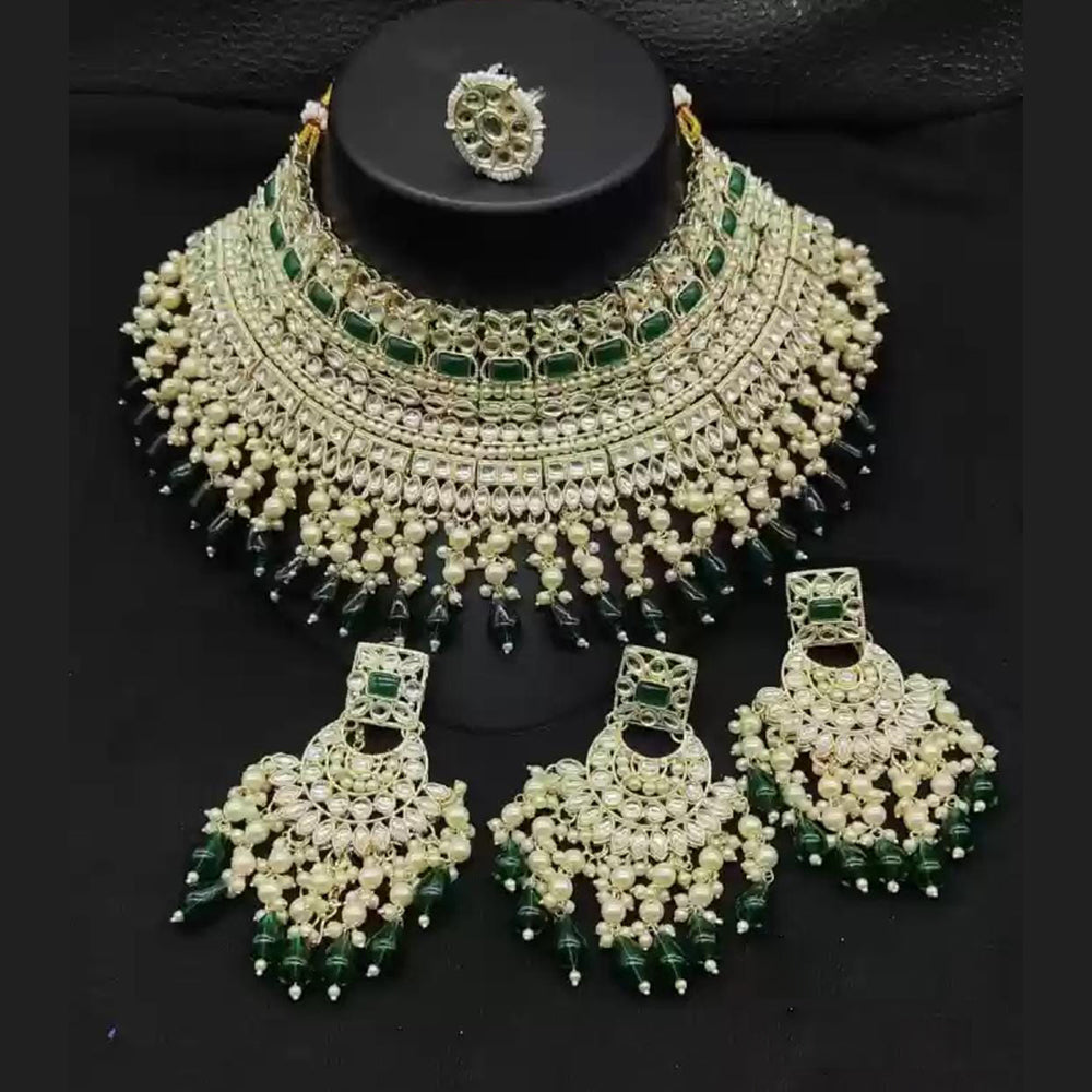 JewelMaze Gold Plated Kundan Stone And Pearls Choker Necklace Set - 10573615MR
