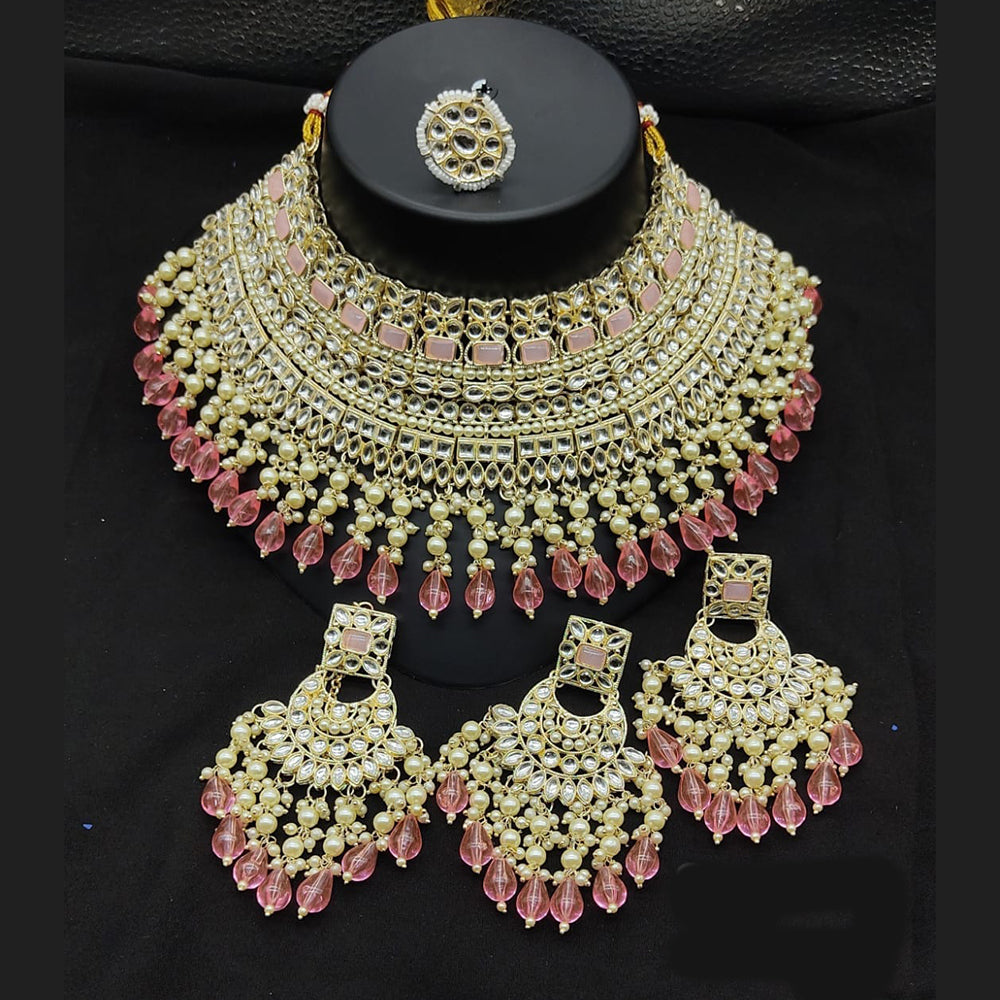 JewelMaze Gold Plated Kundan Stone And Pearls Choker Necklace Set - 10573615MR