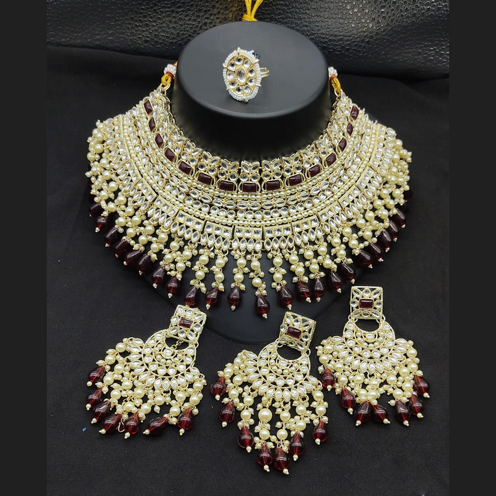 JewelMaze Gold Plated Kundan Stone And Pearls Choker Necklace Set - 10573615MR