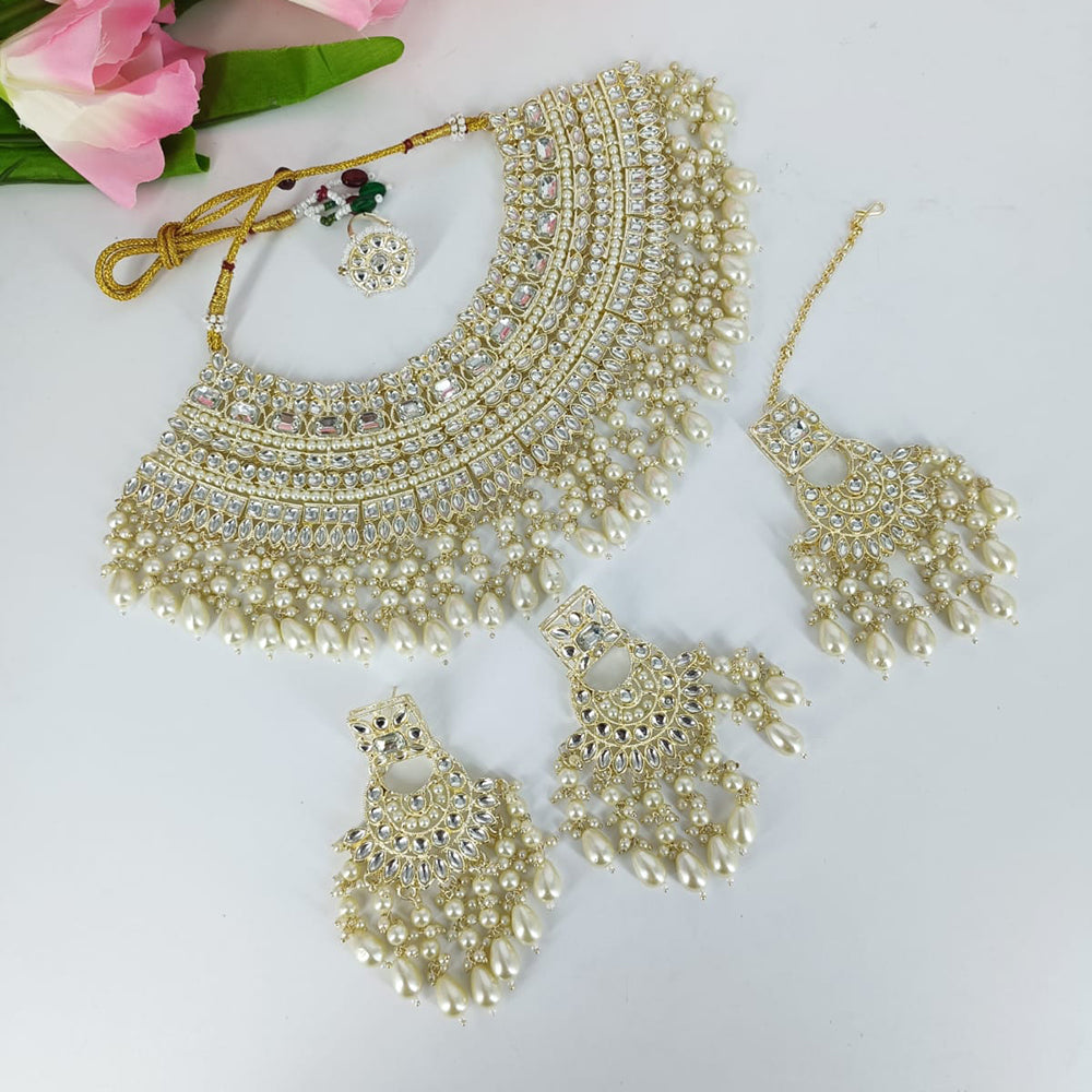 JewelMaze Gold Plated Kundan Stone And Pearls Choker Necklace Set - 10573615MR
