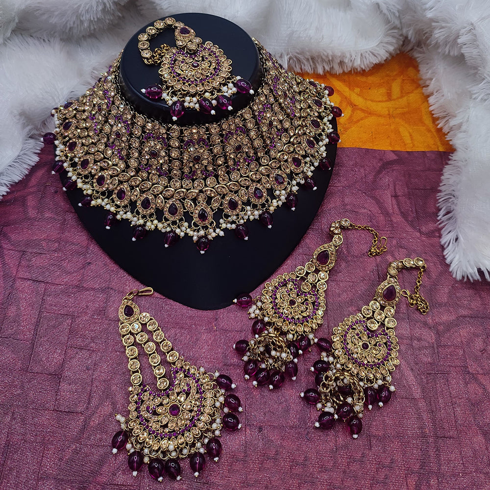 JewelMaze Gold Plated Crystal Stone And Pearls Choker Necklace Set - 10573616LC