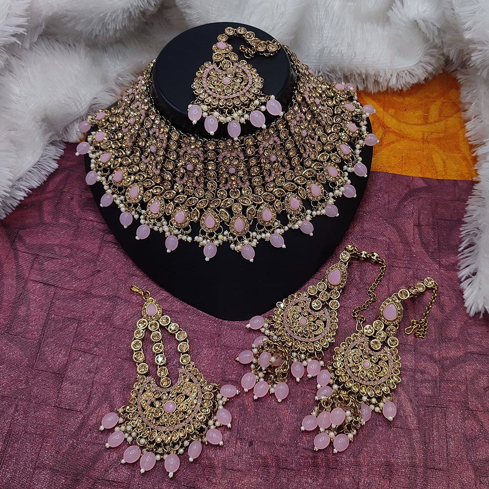 JewelMaze Gold Plated Crystal Stone And Pearls Choker Necklace Set - 10573616LC