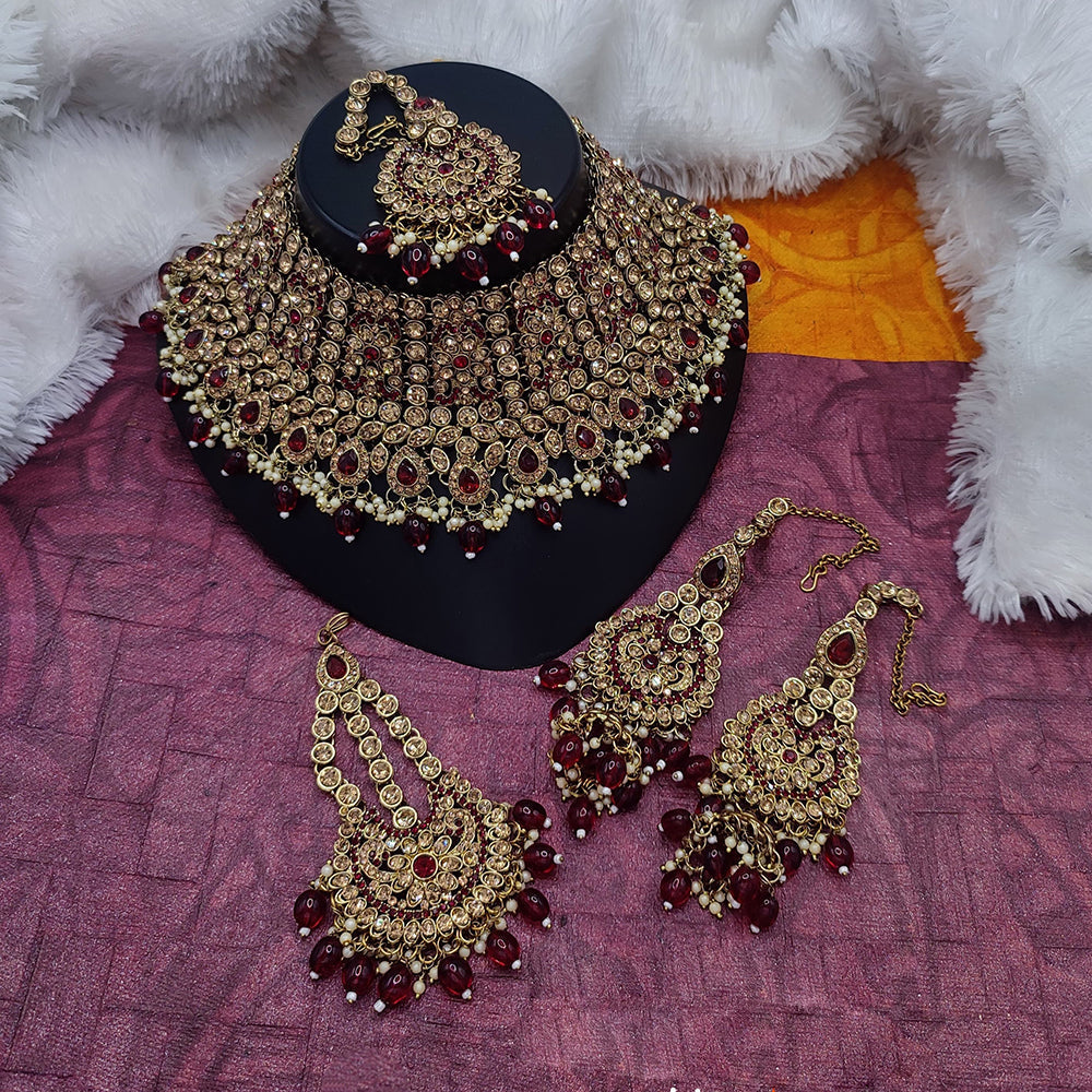 JewelMaze Gold Plated Crystal Stone And Pearls Choker Necklace Set - 10573616LC