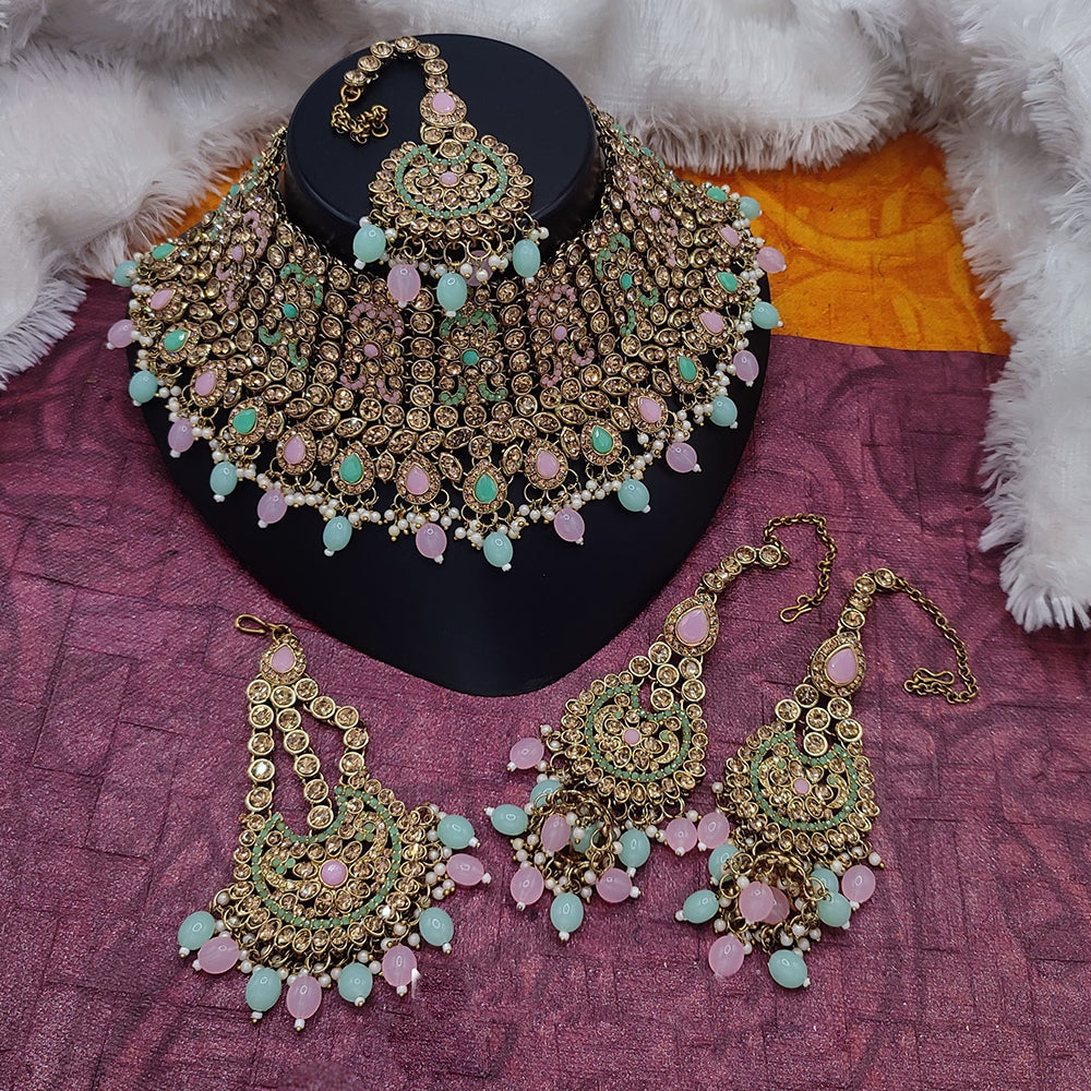 JewelMaze Gold Plated Crystal Stone And Pearls Choker Necklace Set - 10573616LC