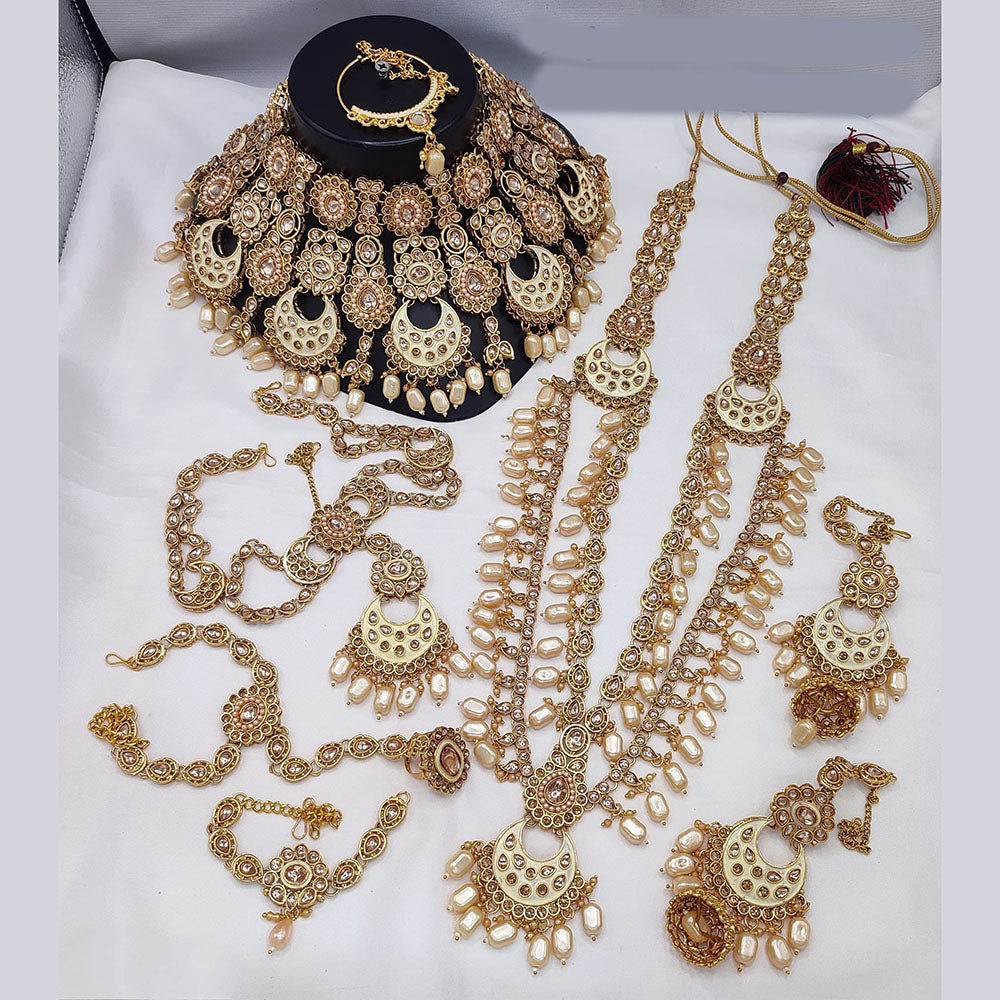 JewelMaze Gold Plated Kundan Stone And Beads Meenakari Bridal Set - 10573621MGR