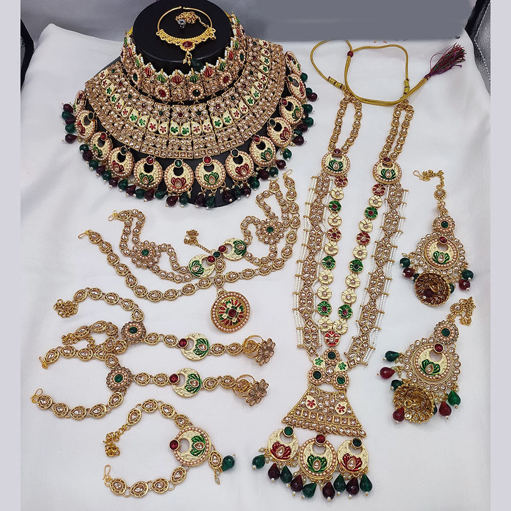 JewelMaze Gold Plated Kundan Stone And Beads Meenakari Bridal Set - 10573622GR