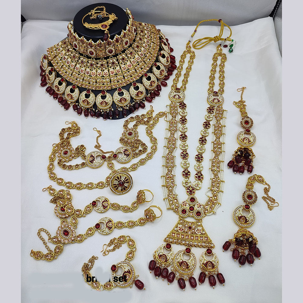JewelMaze Gold Plated Kundan Stone And Beads Meenakari Bridal Set - 10573622GR