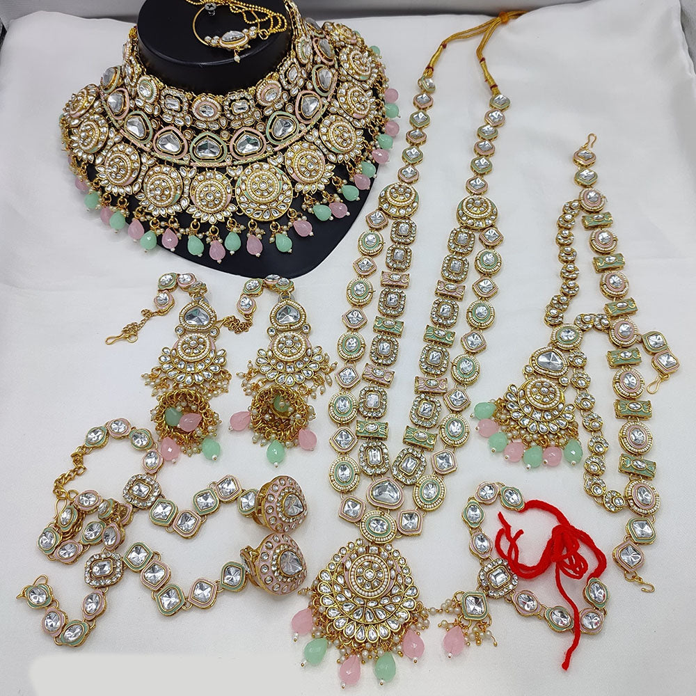 JewelMaze Gold Plated Kundan Stone And Beads Meenakari Bridal Set - 10573623GR