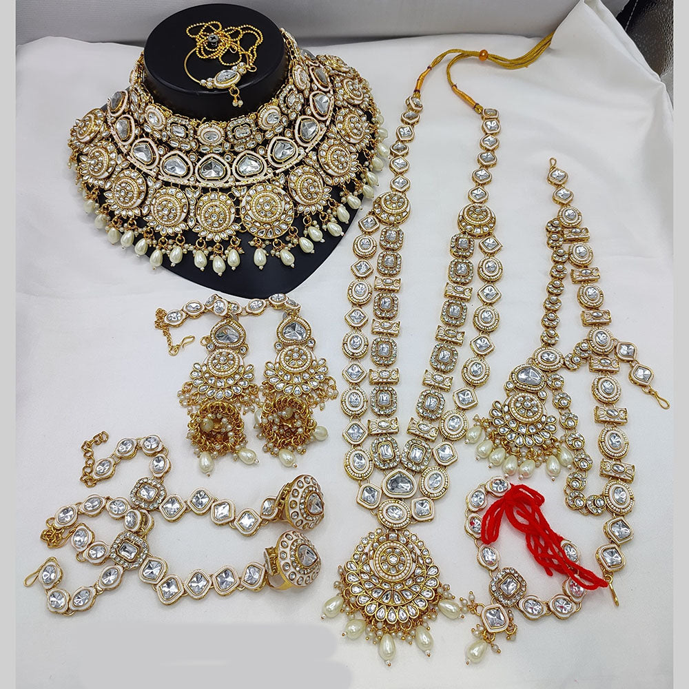 JewelMaze Gold Plated Kundan Stone And Beads Meenakari Bridal Set - 10573623GR