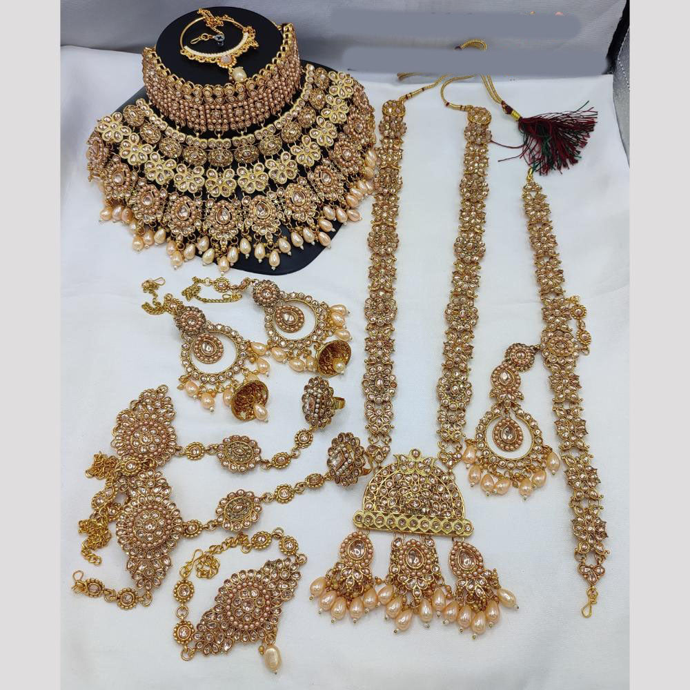 JewelMaze Gold Plated Crystal Stone And Beads Bridal Set