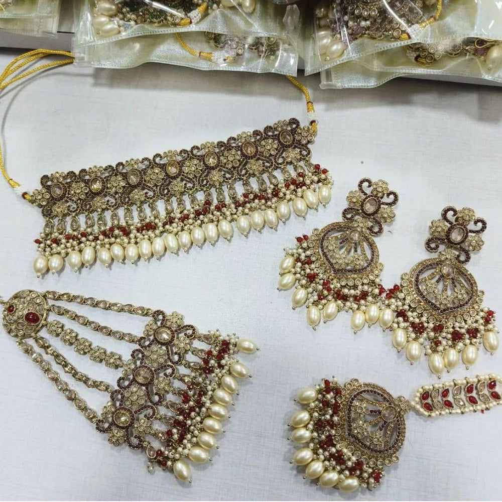 JewelMaze Gold Plated Crystal Stone And Pearls Choker Necklace Set - 10581274LPI