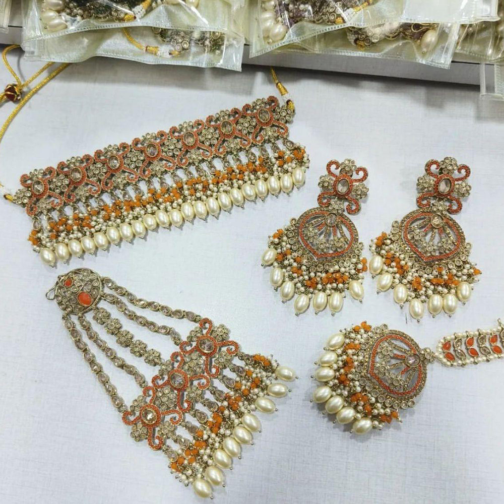 JewelMaze Gold Plated Crystal Stone And Pearls Choker Necklace Set - 10581274LPI