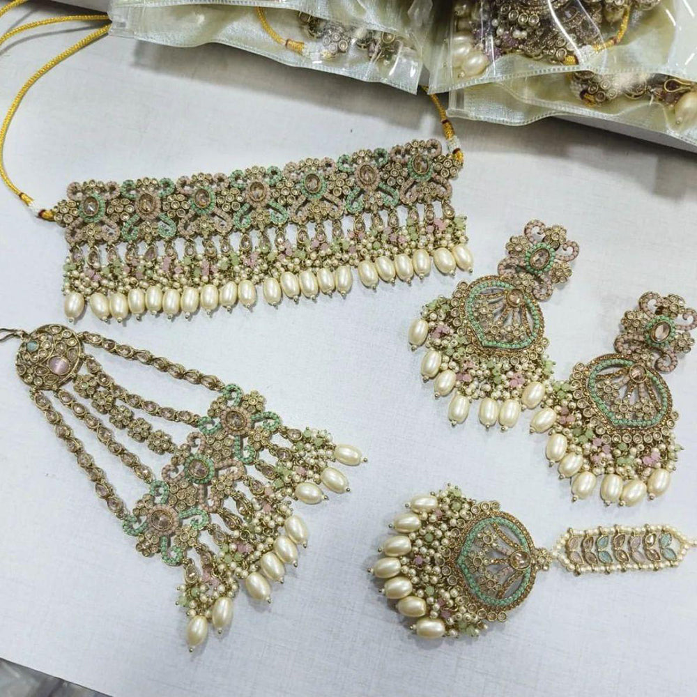 JewelMaze Gold Plated Crystal Stone And Pearls Choker Necklace Set - 10581274LPI