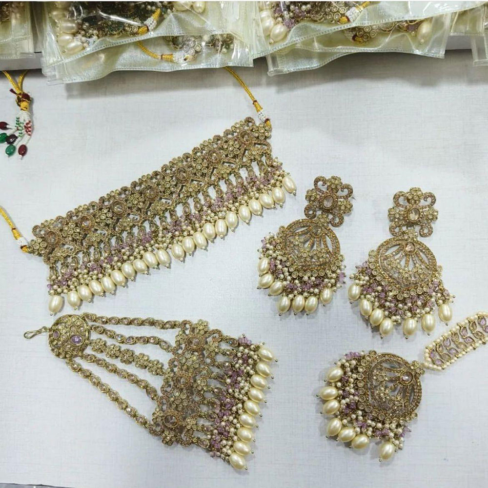 JewelMaze Gold Plated Crystal Stone And Pearls Choker Necklace Set - 10581274LPI