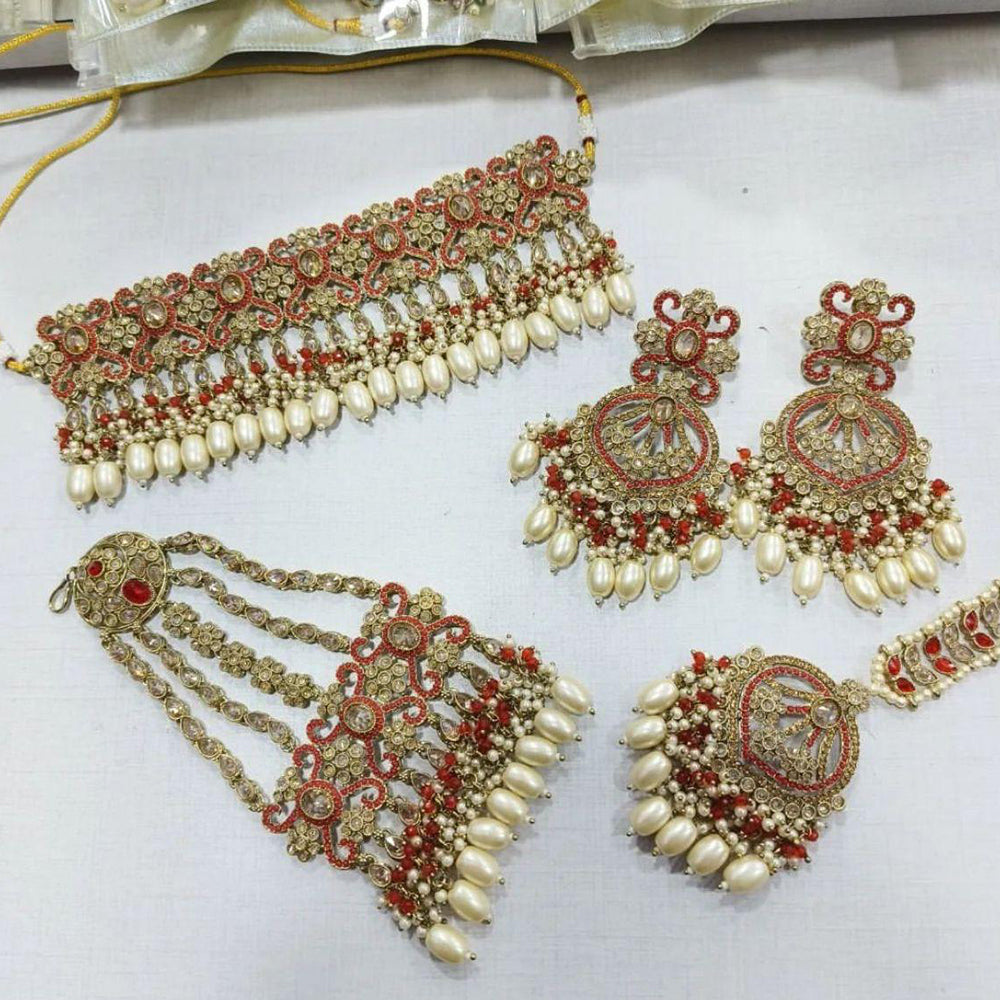 JewelMaze Gold Plated Crystal Stone And Pearls Choker Necklace Set - 10581274LPI