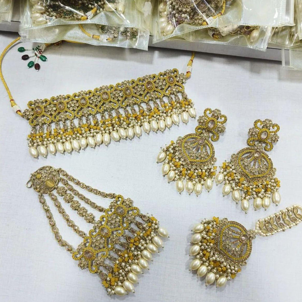 JewelMaze Gold Plated Crystal Stone And Pearls Choker Necklace Set - 10581274LPI