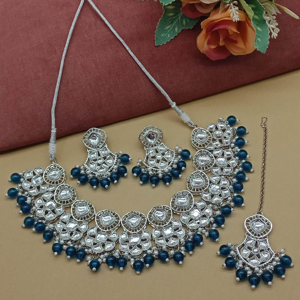 JewelMaze Silver Plated Kundan Stone And Beads Necklace Set - 10581275BLU