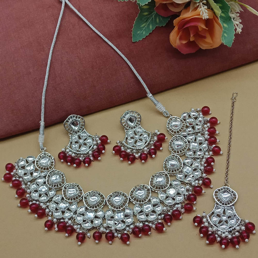 JewelMaze Silver Plated Kundan Stone And Beads Necklace Set - 10581275BLU