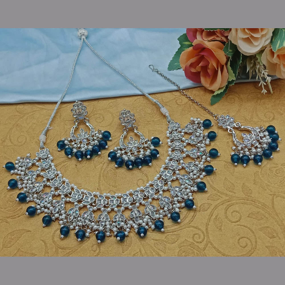 JewelMaze Silver Plated Crystal Stone And Pearls Necklace Set - 10581276BLU
