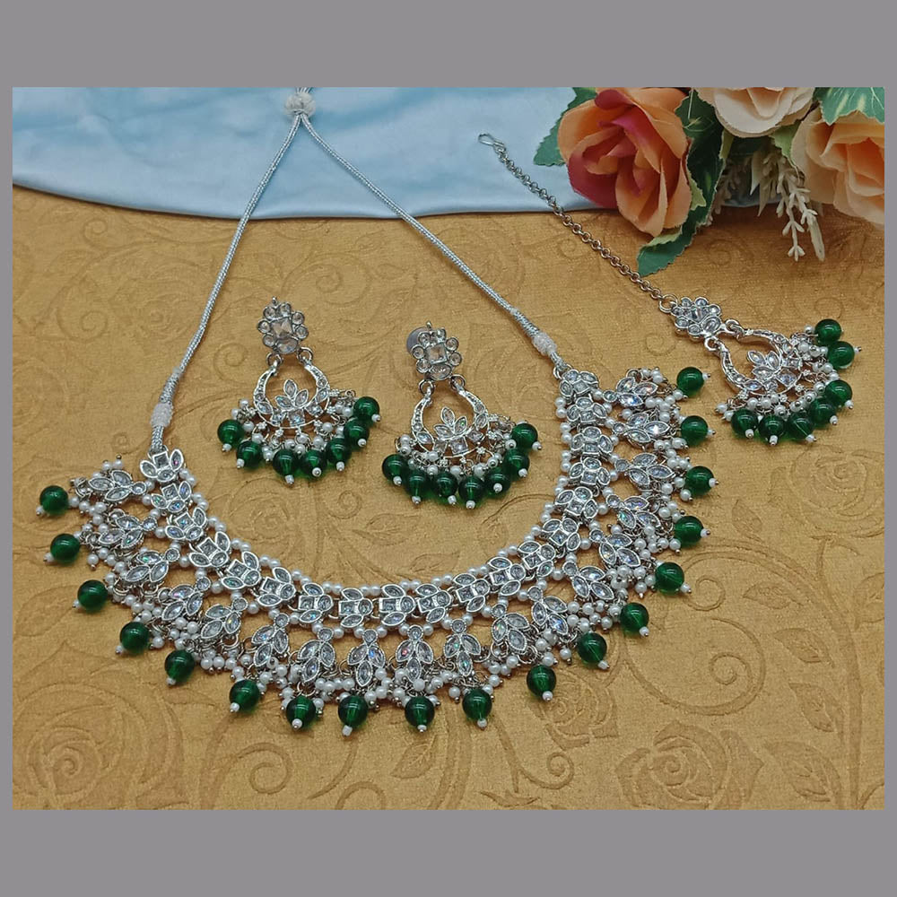 JewelMaze Silver Plated Crystal Stone And Pearls Necklace Set - 10581276BLU