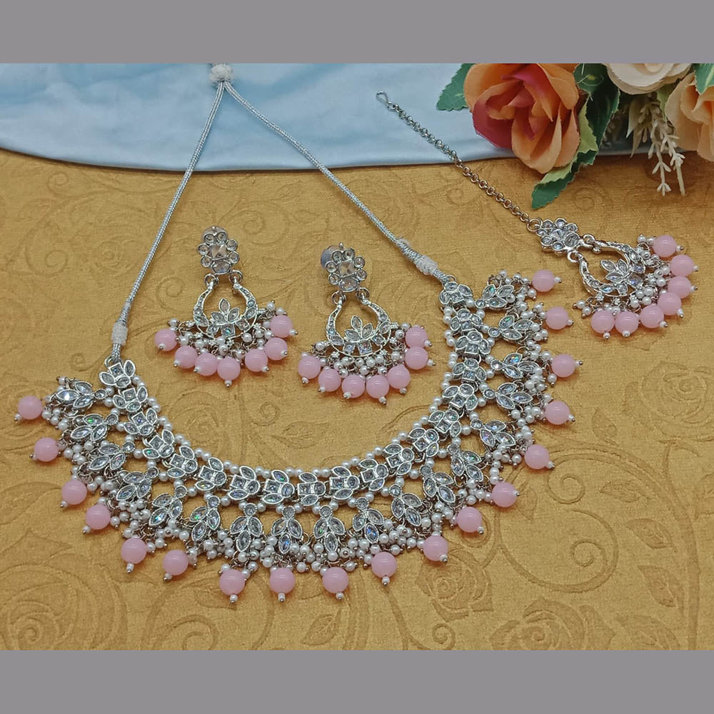 JewelMaze Silver Plated Crystal Stone And Pearls Necklace Set - 10581276BLU