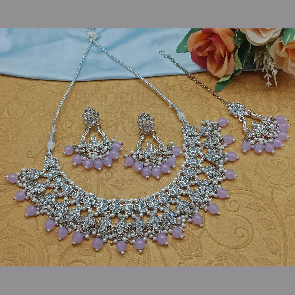 JewelMaze Silver Plated Crystal Stone And Pearls Necklace Set - 10581276BLU