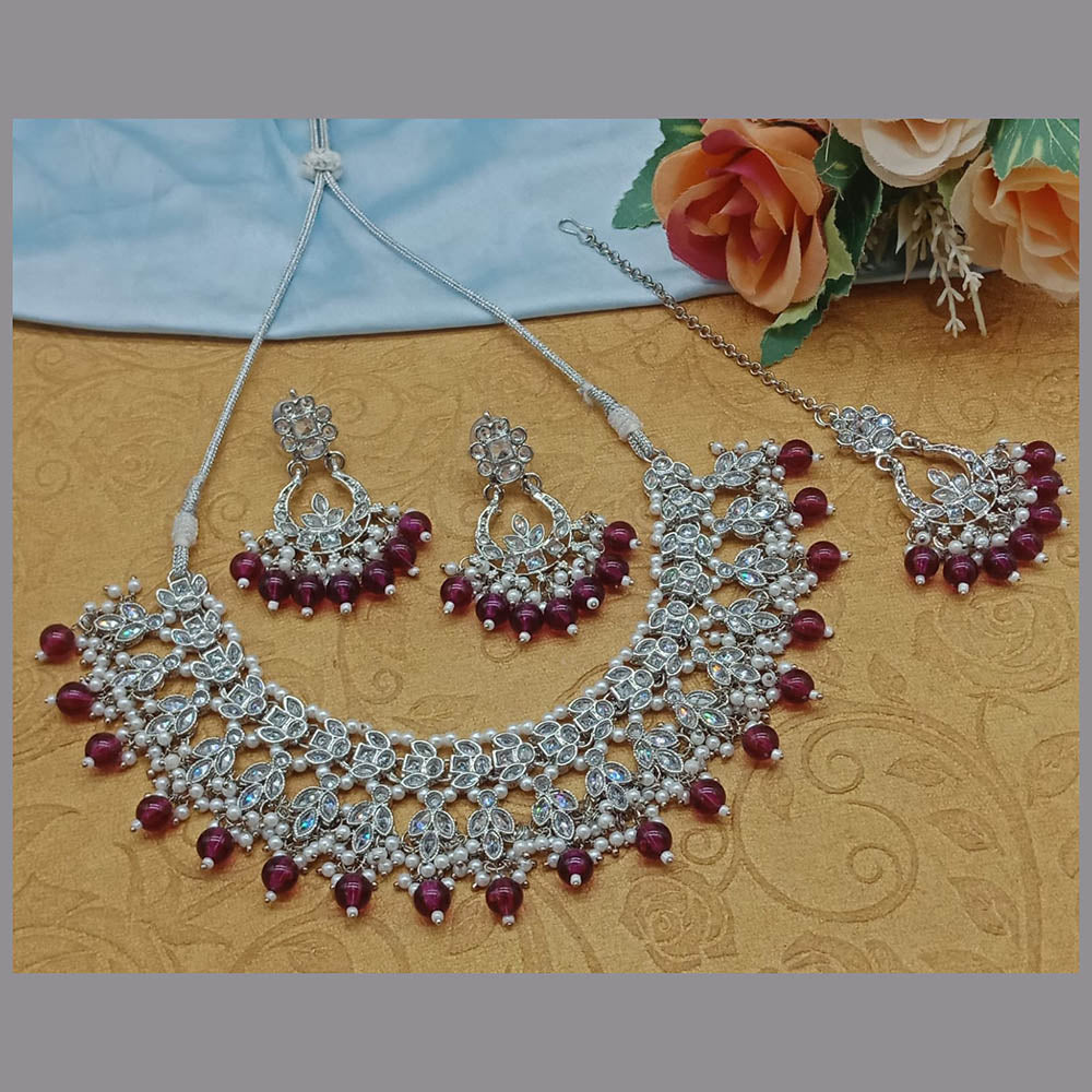 JewelMaze Silver Plated Crystal Stone And Pearls Necklace Set - 10581276BLU