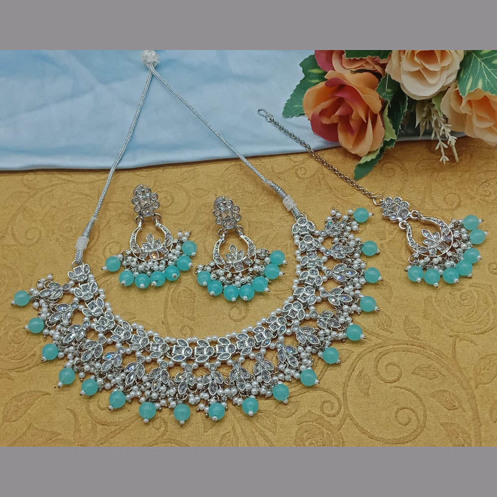 JewelMaze Silver Plated Crystal Stone And Pearls Necklace Set - 10581276BLU