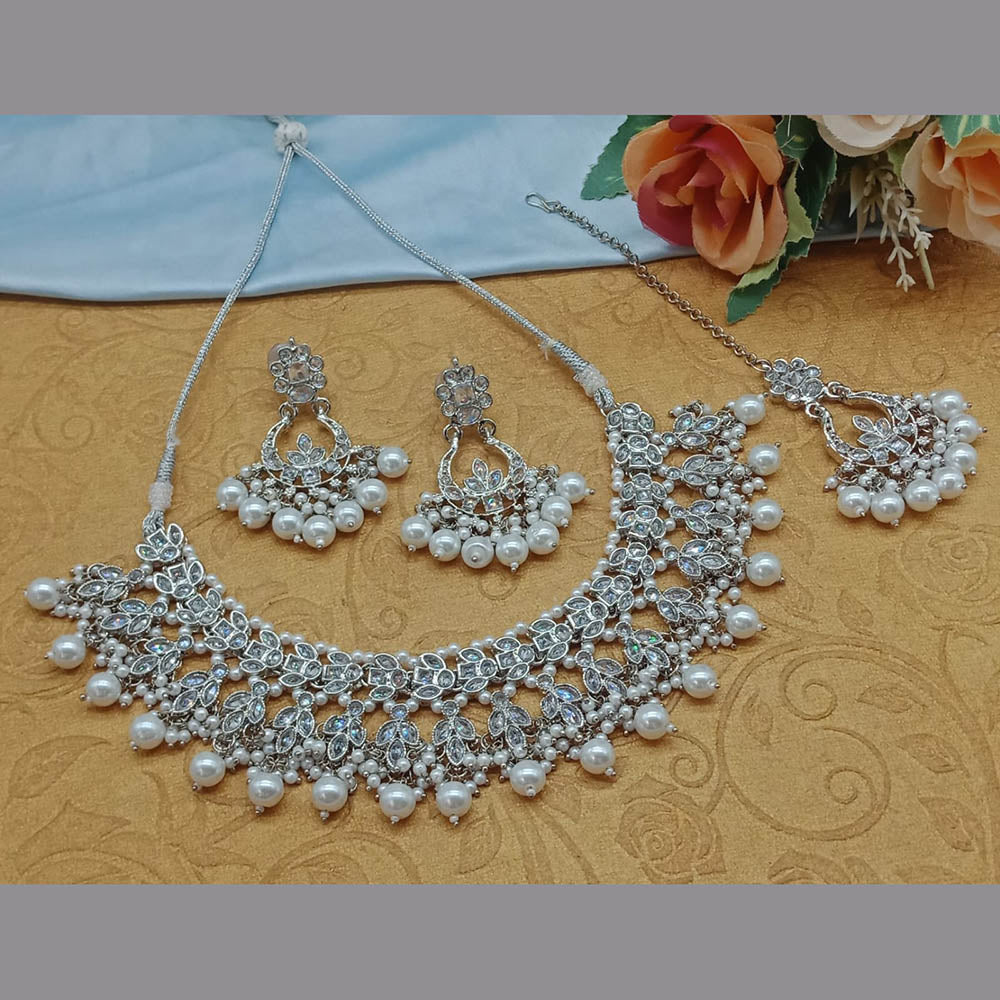 JewelMaze Silver Plated Crystal Stone And Pearls Necklace Set - 10581276BLU