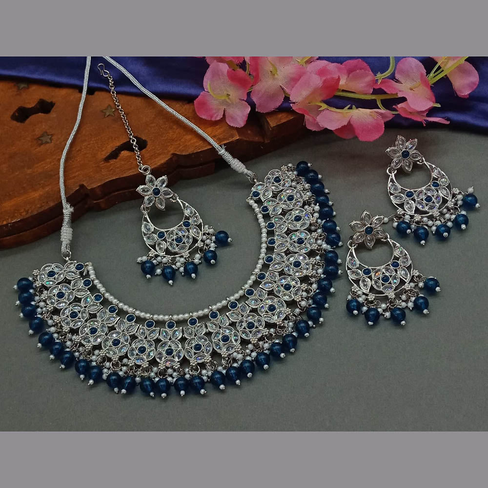 JewelMaze Silver Plated Crystal Stone And Pearls Necklace Set - 10581277BL