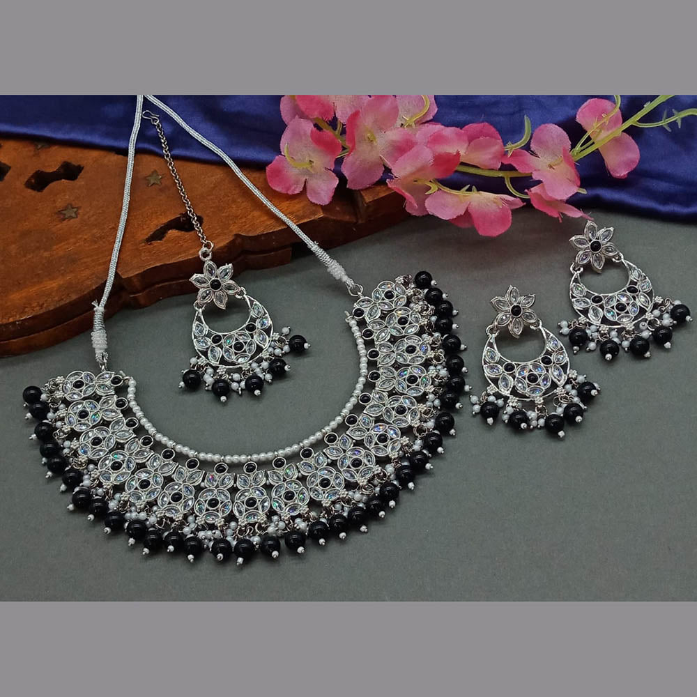 JewelMaze Silver Plated Crystal Stone And Pearls Necklace Set - 10581277BL
