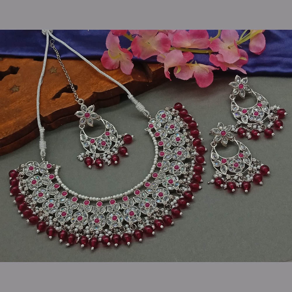 JewelMaze Silver Plated Crystal Stone And Pearls Necklace Set - 10581277BL