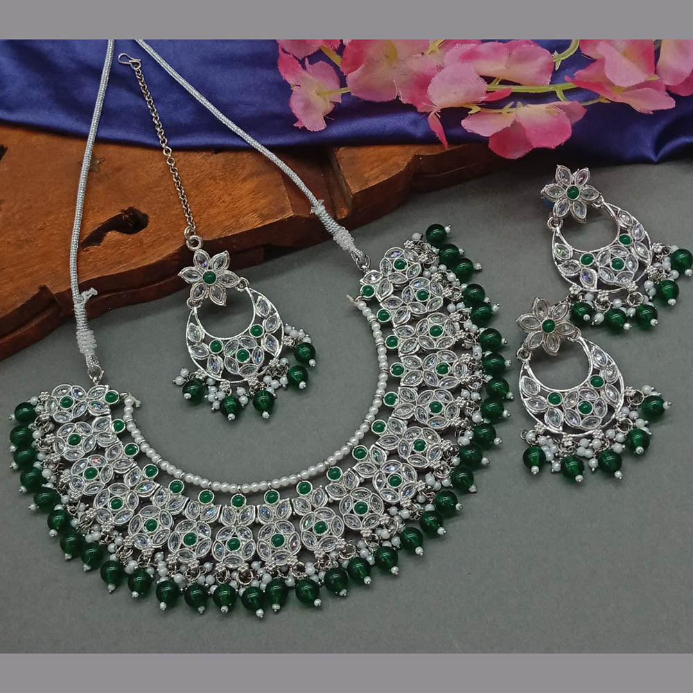 JewelMaze Silver Plated Crystal Stone And Pearls Necklace Set - 10581277BL