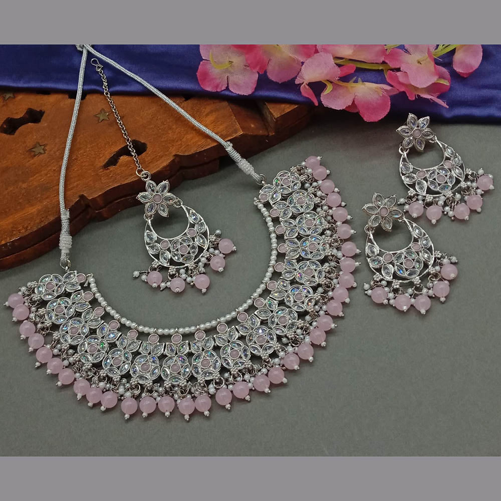 JewelMaze Silver Plated Crystal Stone And Pearls Necklace Set - 10581277BL