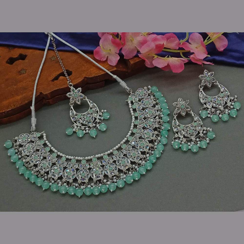 JewelMaze Silver Plated Crystal Stone And Pearls Necklace Set - 10581277BL