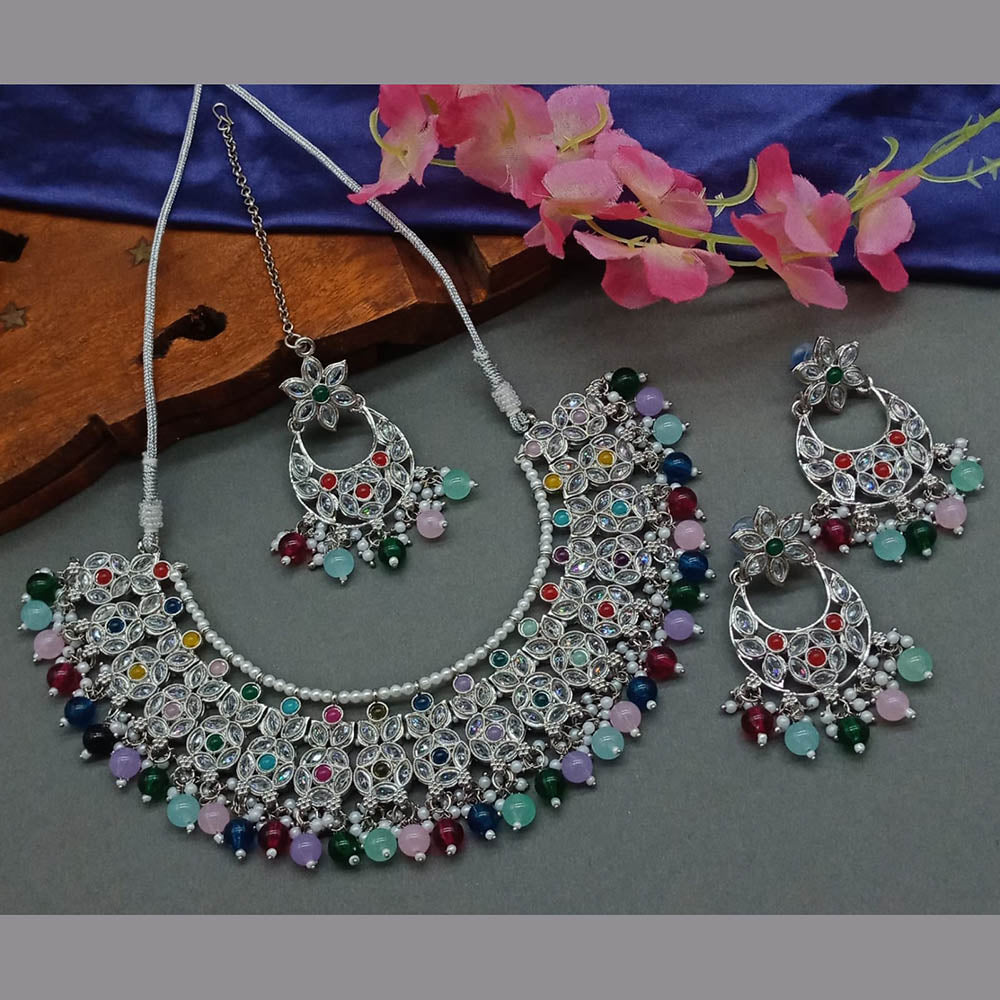 JewelMaze Silver Plated Crystal Stone And Pearls Necklace Set - 10581277BL
