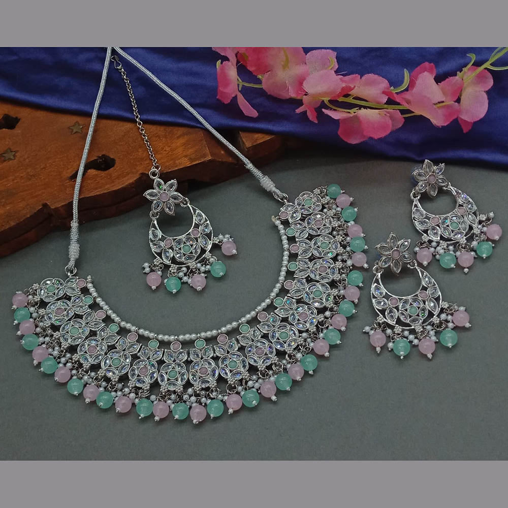 JewelMaze Silver Plated Crystal Stone And Pearls Necklace Set - 10581277BL