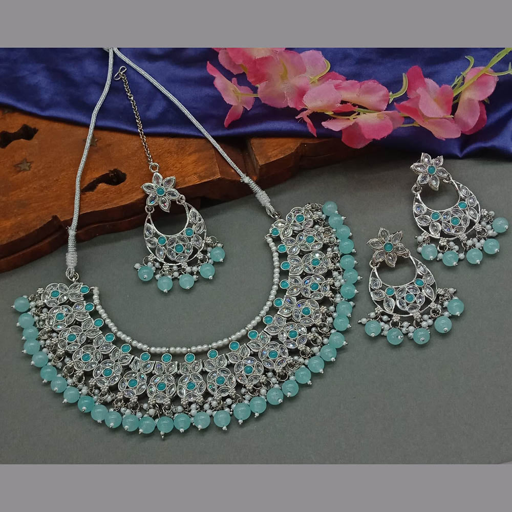 JewelMaze Silver Plated Crystal Stone And Pearls Necklace Set - 10581277BL