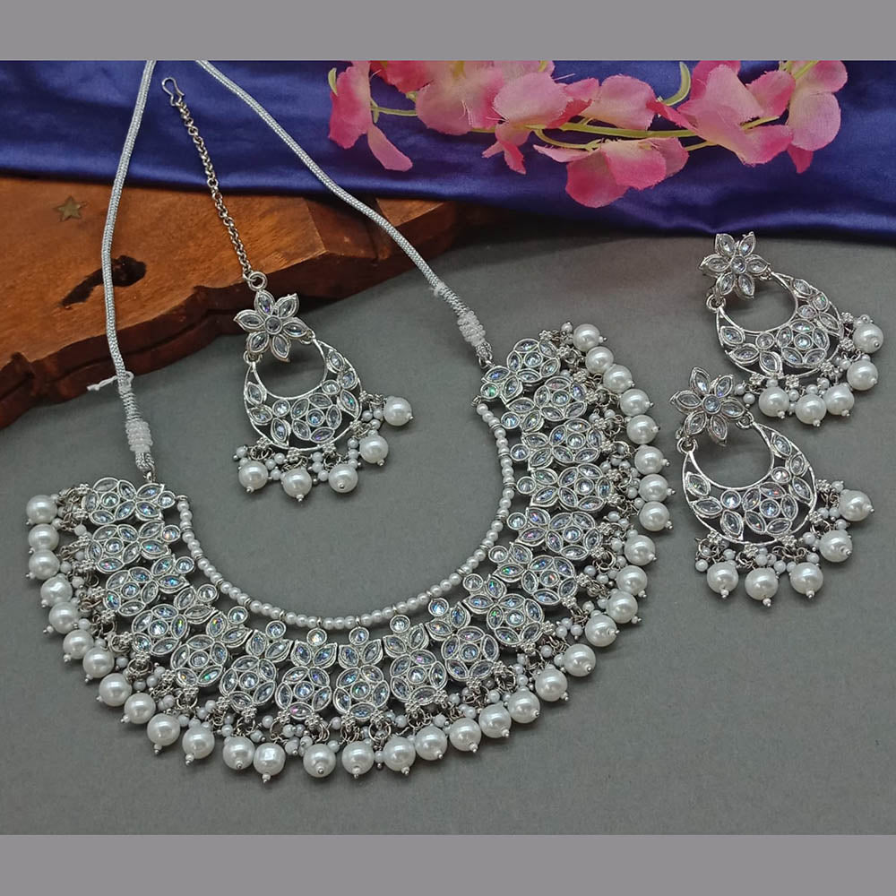JewelMaze Silver Plated Crystal Stone And Pearls Necklace Set - 10581277BL