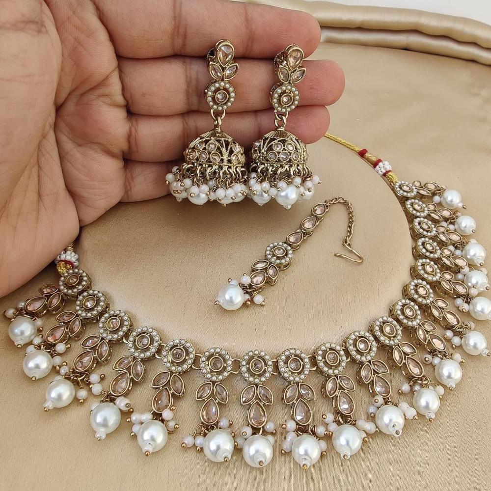 JewelMaze Gold Plated Crystal Stone And Pearls Necklace Set - 10581278GR