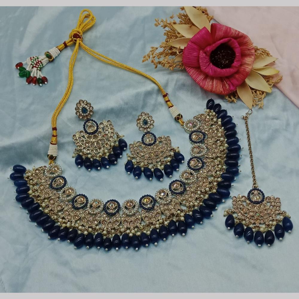 JewelMaze Gold Plated Crystal Stone And Pearls Necklace Set - 10581279BLU