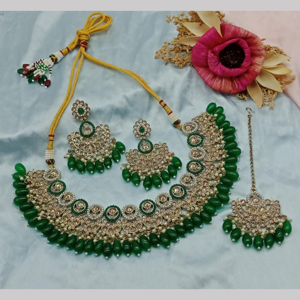 JewelMaze Gold Plated Crystal Stone And Pearls Necklace Set - 10581279BLU