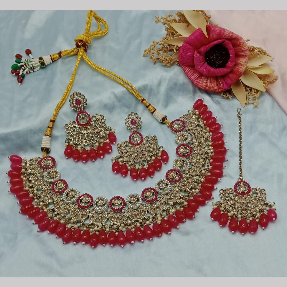 JewelMaze Gold Plated Crystal Stone And Pearls Necklace Set - 10581279BLU