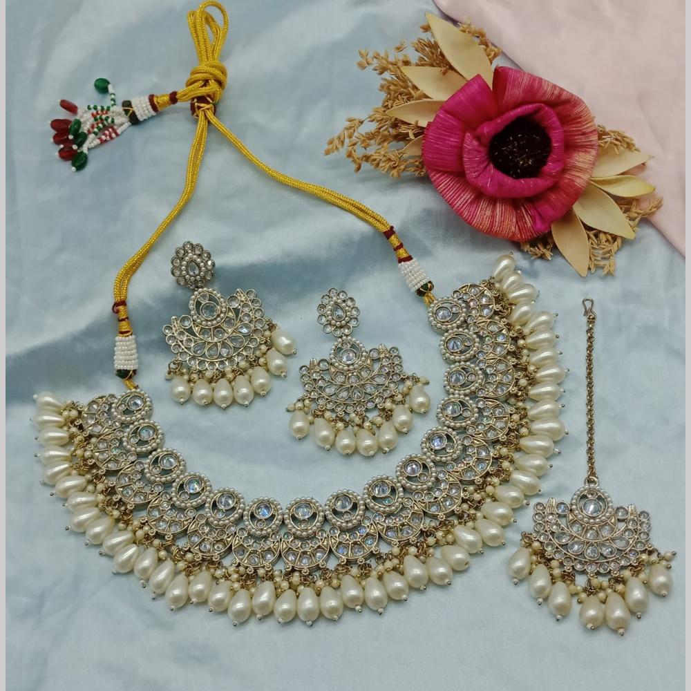 JewelMaze Gold Plated Crystal Stone And Pearls Necklace Set - 10581279BLU
